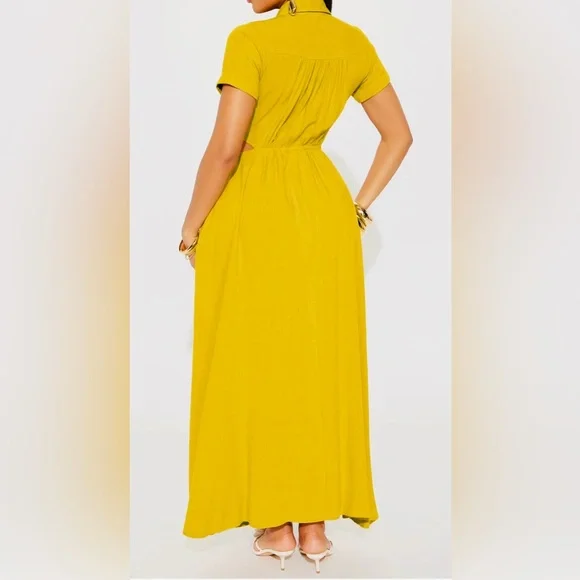 Fashion Nova Linen Mustard Maxi Dress Cottagecore Boho Casual NWT - Picture 2 of 2